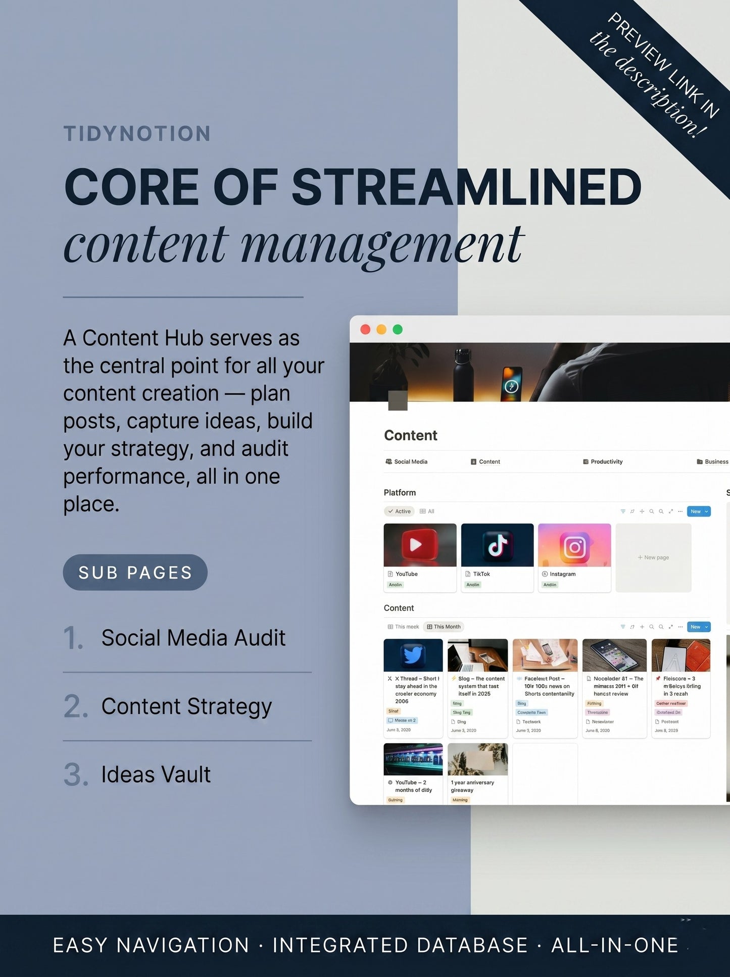 Stop running your content from scattered notes. One complete system, your Notion Social Media Planner, to handle your content, tasks, and growth — set up in 5 minutes.