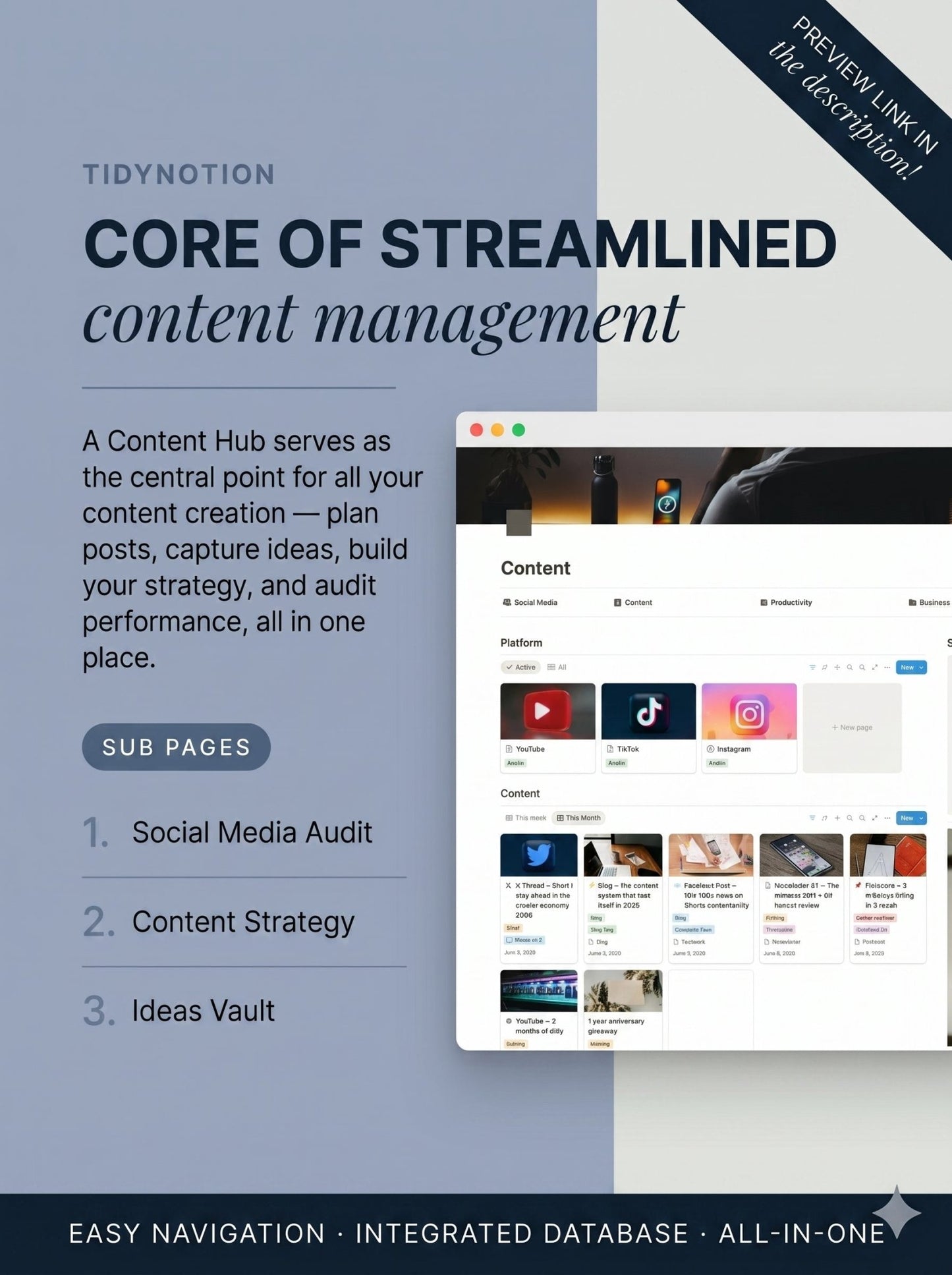 Stop running your content from scattered notes. One complete system, your Notion Social Media Planner, to handle your content, tasks, and growth — set up in 5 minutes. - TidyNotion