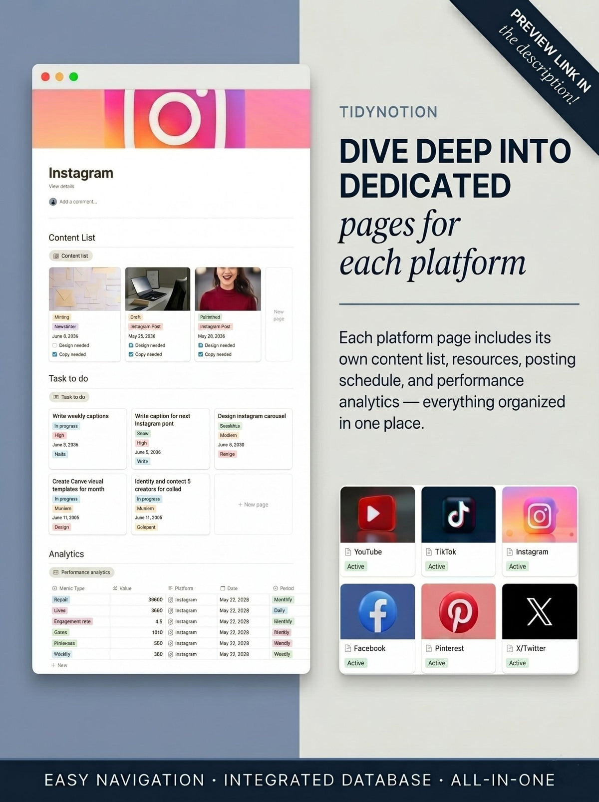 Stop running your content from scattered notes. One complete system, your Notion Social Media Planner, to handle your content, tasks, and growth — set up in 5 minutes. - TidyNotion