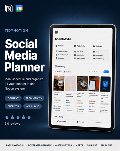 Stop running your content from scattered notes. One complete system, your Notion Social Media Planner, to handle your content, tasks, and growth — set up in 5 minutes. - TidyNotion
