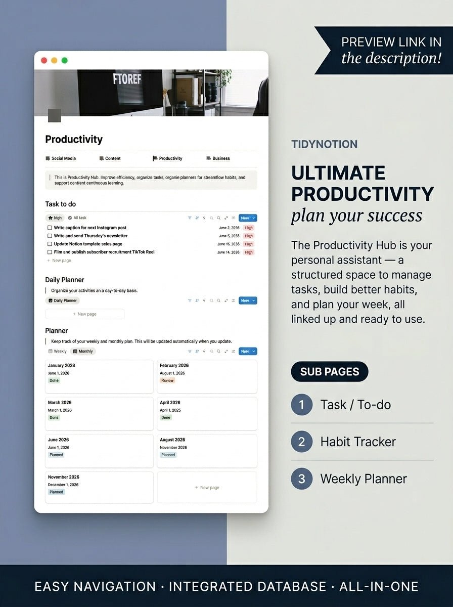Stop running your content from scattered notes. One complete system, your Notion Social Media Planner, to handle your content, tasks, and growth — set up in 5 minutes. - TidyNotion