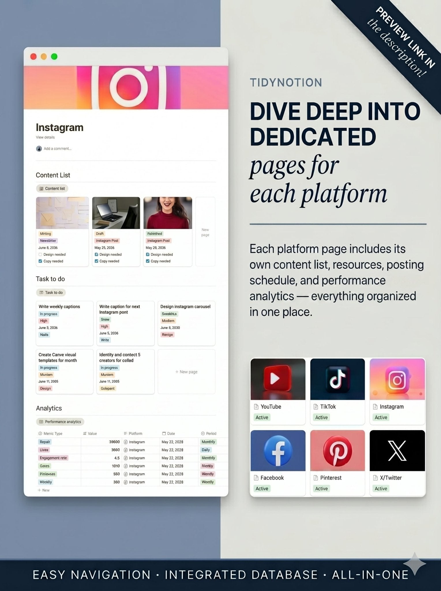Stop running your content from scattered notes. One complete system, your Notion Social Media Planner, to handle your content, tasks, and growth — set up in 5 minutes. - TidyNotion